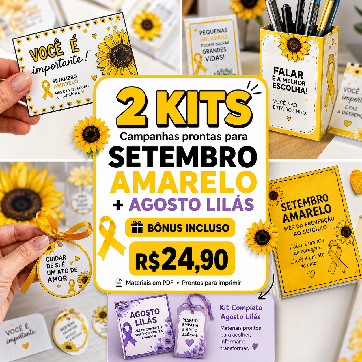 Mockup do Kit Básico com Setembro Amarelo e Agosto Lilás